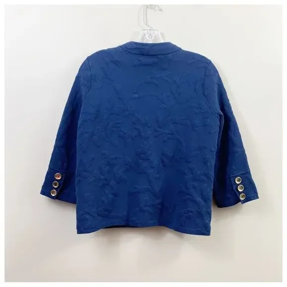 J. McLaughlin Raised Coral Print Navy 3/4 Sleeve Cropped Knit Cardigan - Picture 5 of 5